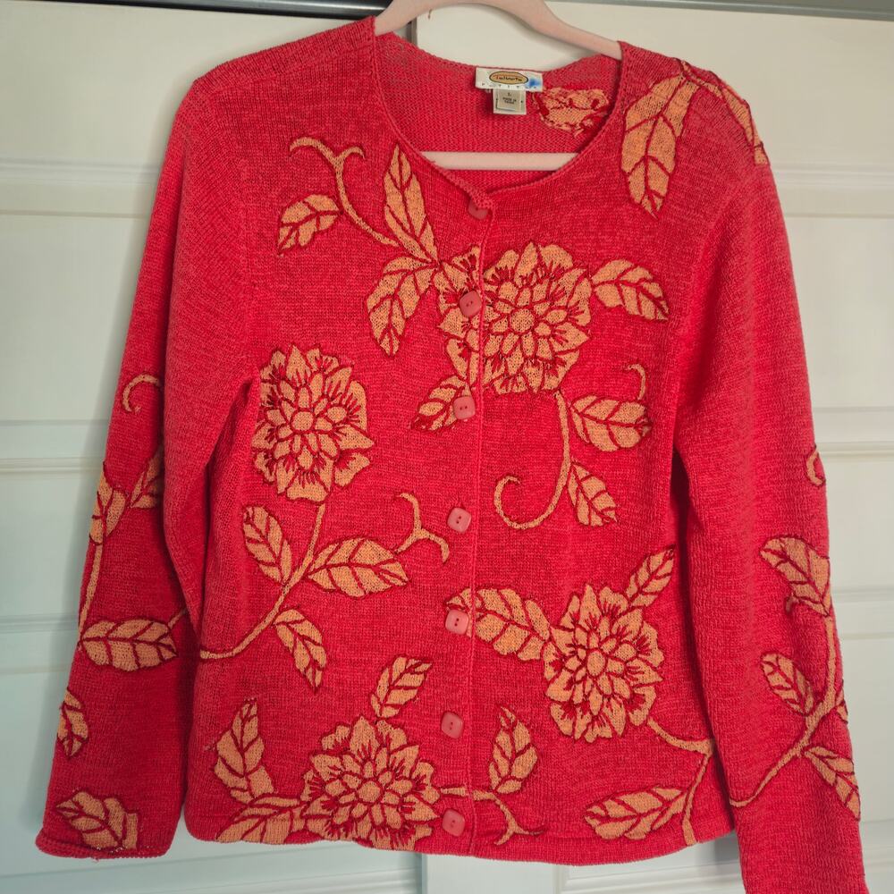 Talbots Size L Vintage Red Floral Button Front Knit Cardigan Sweater Cottagecore